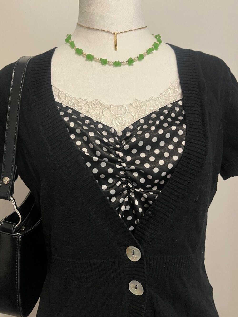 Vintage Le Grenier Black Knit Cardigan — Built-in Polka Dot Cami Y2K — Size S